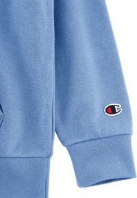 Felpa azzurra con polsini a coste, caratterizzata da un piccolo logo ricamato in nero e rosso sulla manica. Tessuto morbido e dalla texture particolare.