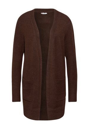 Brauner gestrickter Cardigan im offenen Design, ausgestattet mit zwei aufgesetzten Taschen, gerippten Bündchen und einer weichen Textur. Hergestellt aus warmem Stoff.