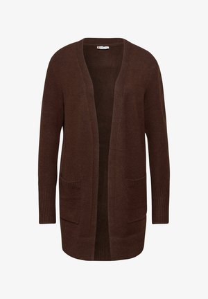 Cardigan en tricot marron, design à ouverture frontale, doté de deux poches avant, de poignets côtelés et d'une texture douce. Fabriqué en tissu chaud.