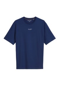 T-shirt en coton bleu marine à manches courtes, col rond et petit logo blanc au centre. Texture douce et coupe classique.