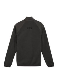 Mørkegrå fleecejakke med lange ærmer, høj krave, og "ATW" broderet på den øverste ryg.