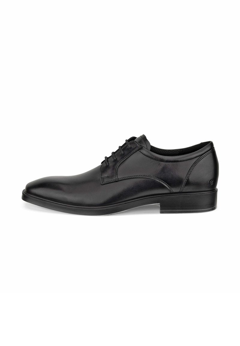 Schwarze Lederschuhe mit rundem Zeh, glatter Oberfläche, Schnürdesign und niedrigem, gestapeltem Absatz. Verfügt über subtile Nähte.