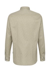 Beige Hemd mit langen Ärmeln und kleinem geometrischen Muster, mit Knopfmanschetten und klassischem Kragen, von hinten betrachtet.