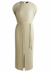 Pleated midi dress in beige, featuring a round neckline, long sleeves, a belted waist, and a front slit for added detail.