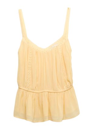 Blusa sin mangas de color amarillo claro con tirantes delgados, borde de encaje en el escote y costuras verticales, cintura fruncida y bajo con volante.