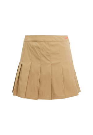 Beige plissierter Minirock mit hoher Taille und subtilen seitlichen Reißverschluss, aus leichtem Stoff gefertigt.