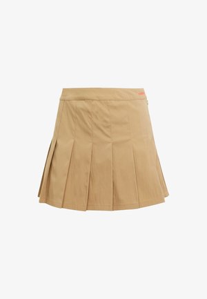 Beige pleated mini skirt with a high waist and subtle side zipper, made from lightweight fabric.