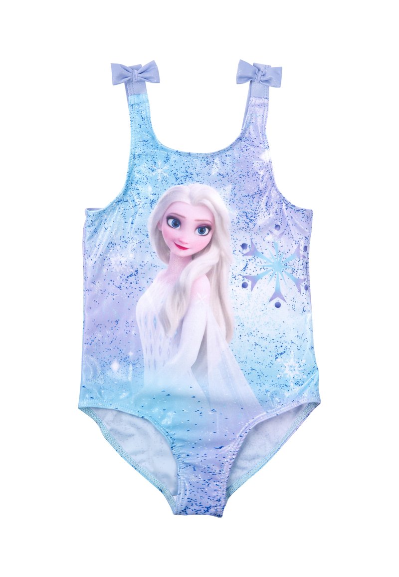 Costume da bagno con spalline, caratterizzato da una gradazione di blu e lilla chiaro, decorato con luccichii e un'illustrazione di un personaggio con capelli bianchi.