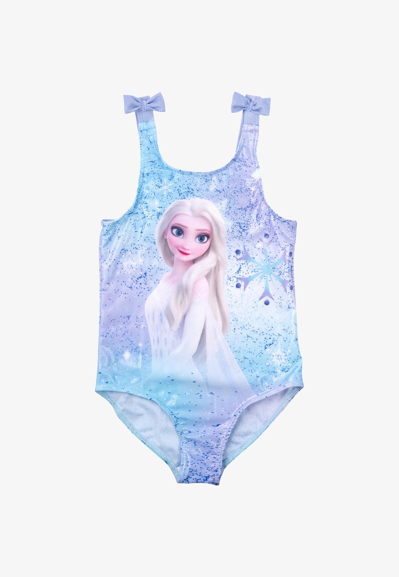 Costume da bagno con spalline, caratterizzato da una gradazione di blu e lilla chiaro, decorato con luccichii e un'illustrazione di un personaggio con capelli bianchi.