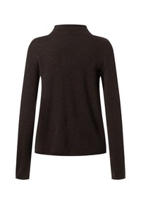 Maglione lungo a maniche lunghe di colore marrone scuro con un colletto alto, mostrato da dietro su uno sfondo bianco semplice.