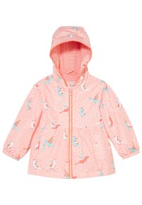 Růžová lehká bunda s kapucí, s potiskem ptáků a puntíky, elastickými manžetami a oranžovým zipem. Pruhovaná podšívka.