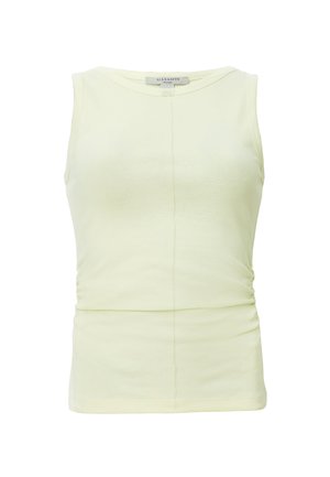 Top sin mangas de color amarillo claro, hecho de una tela suave, con un escote redondo y detalles fruncidos en los costados para un ajuste ceñido.