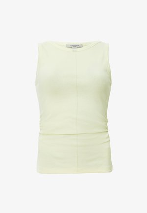 Top sin mangas de color amarillo claro, hecho de una tela suave, con un escote redondo y detalles fruncidos en los costados para un ajuste ceñido.