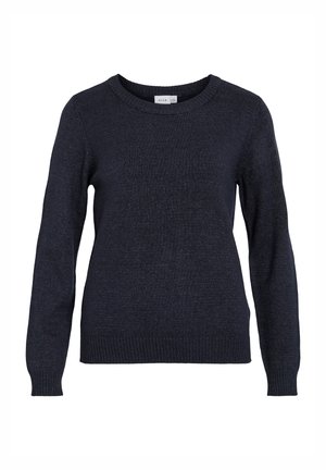 Navy blue knit sweater with a round neckline, long sleeves, and ribbed hem. Soft texture with a subtle pattern in the fabric.
