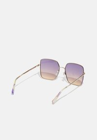Square sunglasses with gradient purple lenses, gold metal frame, and patterned clear arms. Features adjustable nose pads.
