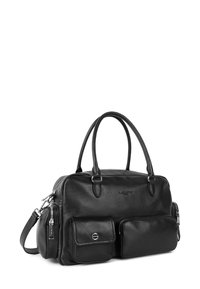 Borsa a tracolla in pelle nera con doppi manici superiori, tasca frontale con zip e due tasche aggiuntive. Texture liscia e forma arrotondata.