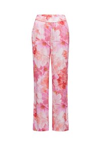 Blumenmuster-Hose mit einer Mischung aus pinken und weißen Blumen, aus leichtem Stoff gefertigt, mit elastischem Bund und geradem Bein.