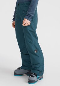 Turkizne snežne hlače z žepom z zadrgo, opremljene z gumbi na pasu. Na nogi imajo prikazano oznako z logotipom, v kombinaciji z sivo smučarsko obutvijo.