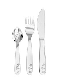 Stainless steel bestekset met een lepel, vork en mes met ronde randen en een gegraveerd dinosaurusontwerp op de handvatten.