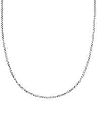 Collana in metallo argentato caratterizzata da un design fluido e arrotondato con anelli intrecciati, creando un apparente texture.
