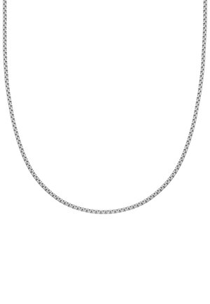 Zilveren metalen ketting met een soepele, afgeronde vorm en verweven schakels, waardoor een gestructureerde uitstraling ontstaat.