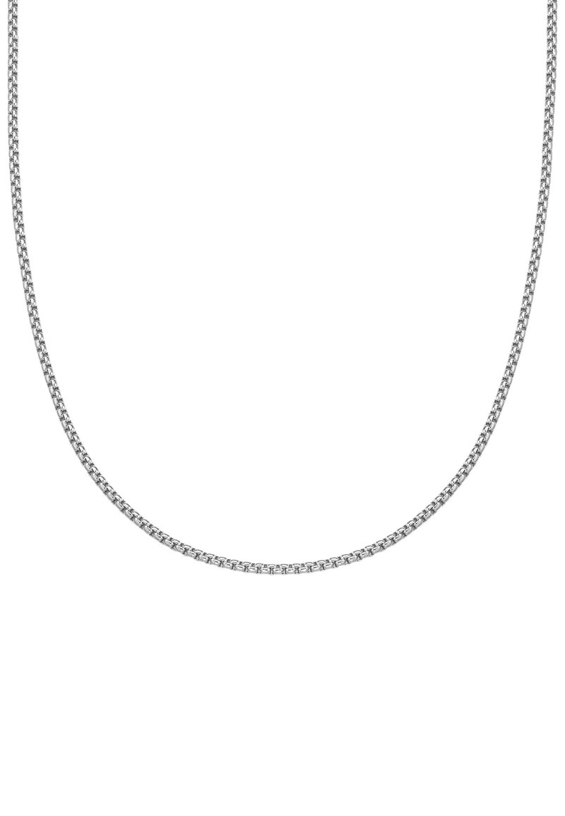 Collana in metallo argentato caratterizzata da un design fluido e arrotondato con anelli intrecciati, creando un apparente texture.