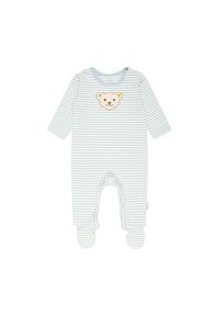 Romper per neonati a righe in azzurro chiaro e bianco, con applicazione di una faccia d'orso sul petto, maniche lunghe e design con piedi.