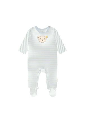 Gestreept babypakje in lichtblauw en wit, met een berengezicht appliqué op de borst, lange mouwen en voetjes.