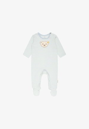 Gestreifter Babybody in Hellblau und Weiß, mit einem Bärengesicht-Applikation auf der Brust, langen Ärmeln und Fußdesign.