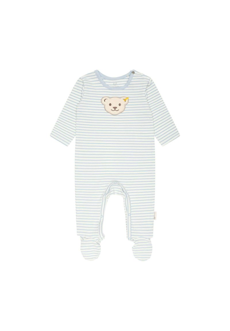 Romper per neonati a righe in azzurro chiaro e bianco, con applicazione di una faccia d'orso sul petto, maniche lunghe e design con piedi.