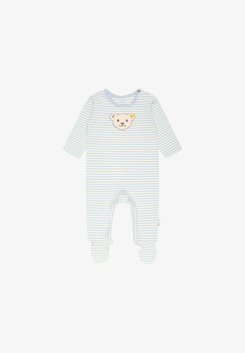 Gestreifter Babybody in Hellblau und Weiß, mit einem Bärengesicht-Applikation auf der Brust, langen Ärmeln und Fußdesign.
