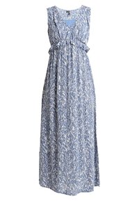 Maxime dresses i blått och vitt texturerat tyg, med V-hals, ärmlös design och en samlad midja med volangdetaljer.