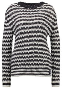 Pull en maille texturée présentant un motif zigzag noir et blanc, avec un large décolleté et des poignets et ourlet côtelés. Confectionné dans un matériau doux.