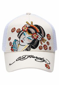 Cap featuring an embroidered geisha design with floral accents. Color scheme includes beige, black, red, and blue. Structured front, mesh back.