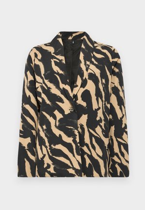 Black and beige patterned blazer with a notched collar and single button closure, made from a textured fabric featuring a bold animal print.