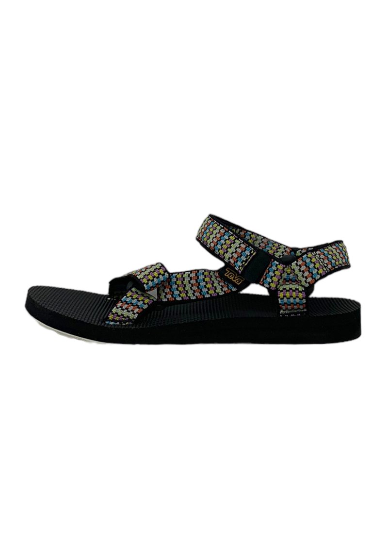 Sandali neri con cinturini a motivo multicolore, dotati di chiusura regolabile in Velcro e suola in gomma texturizzata.