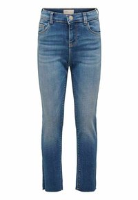 Jeans de denim azul con un ligero elastano, con una cintura de altura media, cinco bolsillos y un diseño de dobladillo crudo y corto.