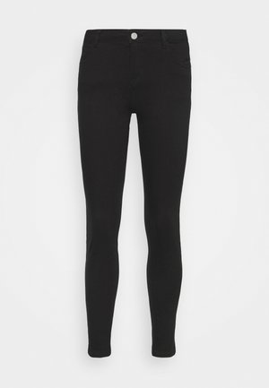 Jeans neri in una vestibilità skinny, realizzati in denim elasticizzato. Presentano una chiusura con bottone frontale, due tasche laterali e una superficie liscia.