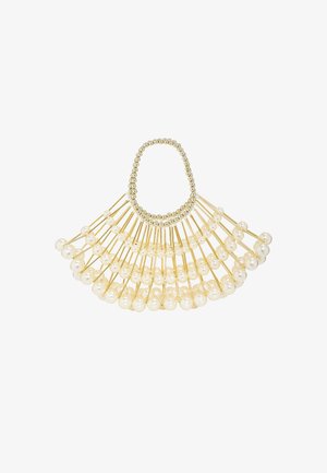 Arany hajkiegészítő, amely legyező alakú, több gyöngy díszítéssel. Simabélű gyöngyök vékony fém drótokon hoznak létre dekoratív hatást.