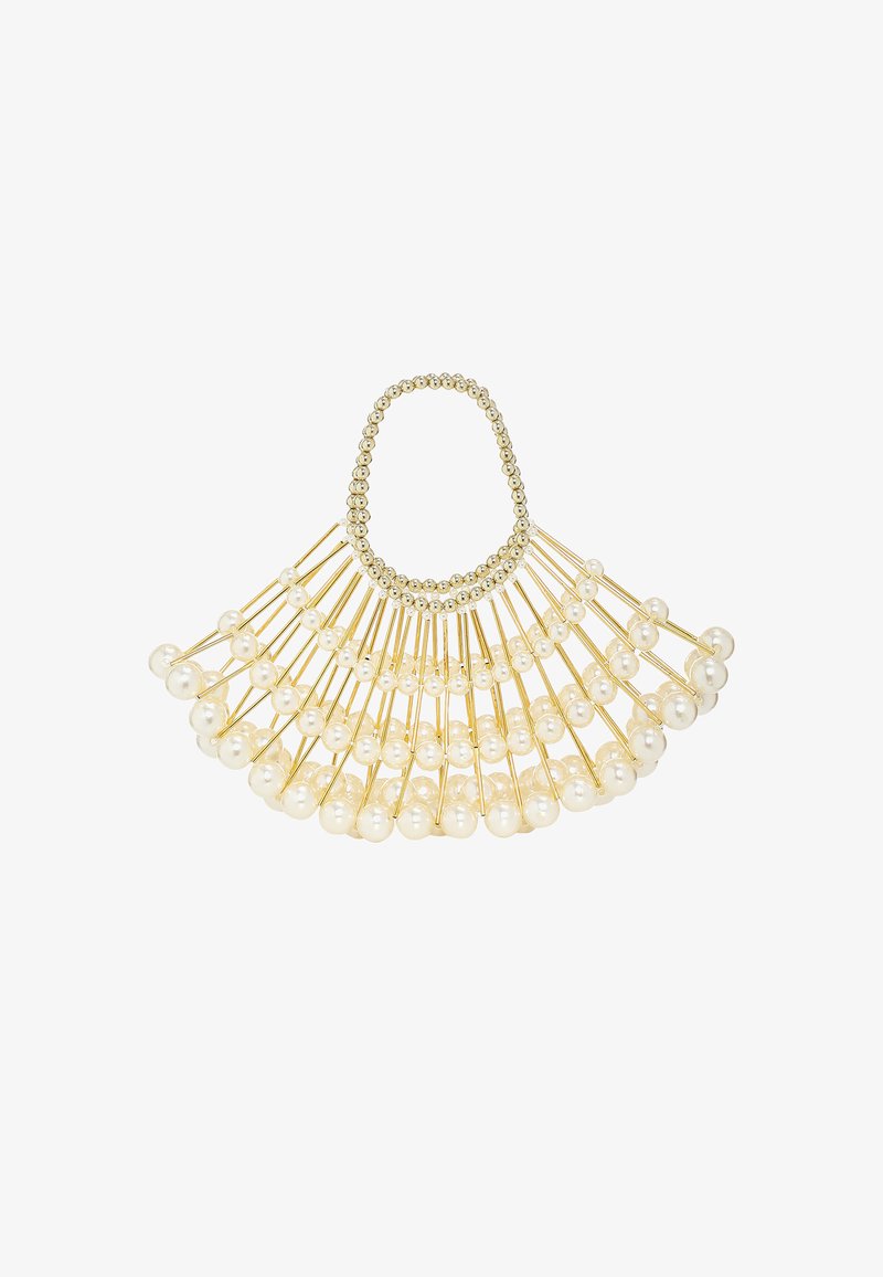 Arany hajkiegészítő, amely legyező alakú, több gyöngy díszítéssel. Simabélű gyöngyök vékony fém drótokon hoznak létre dekoratív hatást.