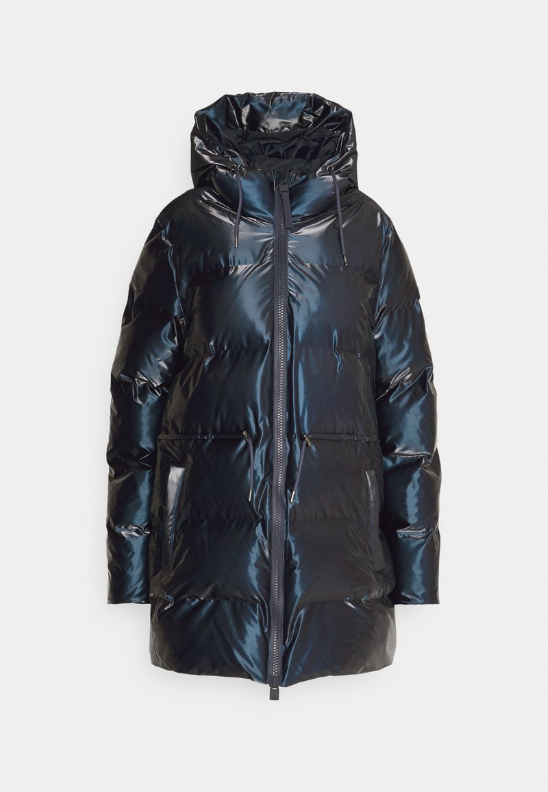 Long, shiny black puffer coat with hood, front zipper, drawstrings, and zippered pockets, designed for cold weather.