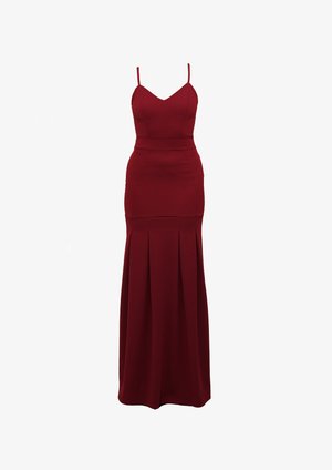 Bordeaux Abendkleid mit tailliertem Oberteil, dünnen Spaghetti-Trägern und einem knielangen Rock mit Falten für zusätzliche Textur.