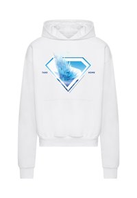 White hoodie featuring a blue diamond graphic. Text reads "TAKE ME HOME" with a splashed ice effect. Material appears soft and cozy.