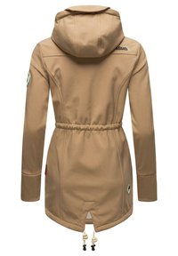 Light brown, soft shell jacket with a fitted design, adjustable waist, and hood. Features logo on the shoulder and drawstring hem.