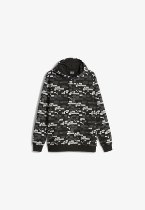 Sweat à capuche noir avec motif intégral blanc du logo Puma et texte, poche kangourou à l'avant et capuche avec cordon.