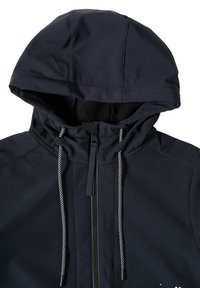 Marinblå hooded jacka med en texturerad yttertyg, justerbara dragsko, hel dragkedja och en mjuk innerfoder.
