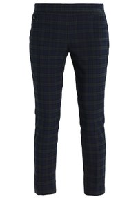 Marinblå rutiga byxor med ett rutig mönster i mörkgrön och ljusgrå. Har två framfickor med svarta knappar och en skräddarsydd passform.