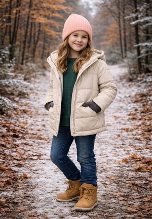 Light beige puffer jacket with gray accents, green sweater, blue jeans, and tan boots. Girl stands on a snowy path among autumn leaves.