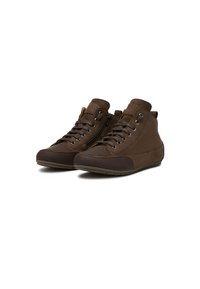 Braune High-Top-Schuhe aus Wildleder und Leder. Zu den Merkmalen gehören eine runde Zehenpartie, Schnürung vorne, seitlicher Reißverschluss und eine strukturierte Gummisohle.