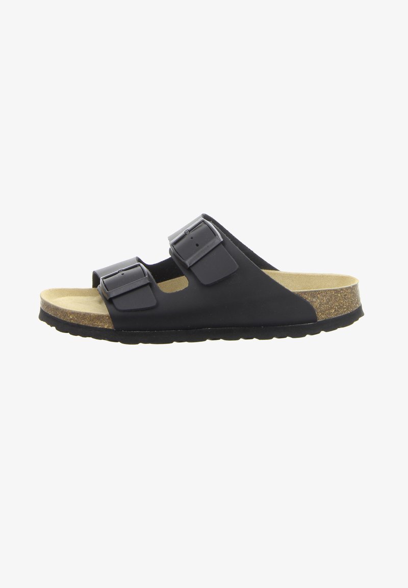 Schwarze synthetische Rutsch-Sandale mit zwei verstellbaren Riemen, einem Korkfußbett und einer strukturierten Gummisohle. Minimalistisches und offenes Design.